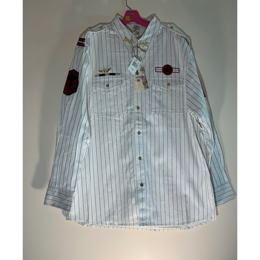 Vintage‎ Y2K PJ MARK Men's 3XL White Pinstripe Military Style Shirt with Patches - Picture 7 of 9